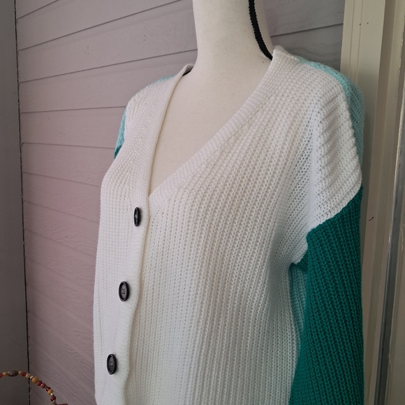 NWOT BooHoo Brand Green White Color Block Cardigan Sweater MED. - Picture 6 of 13